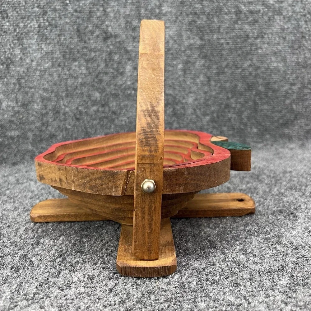 Folding Wooden Red Apple Shaped Fruit Bowl Basket Trivet Collapsible Standing